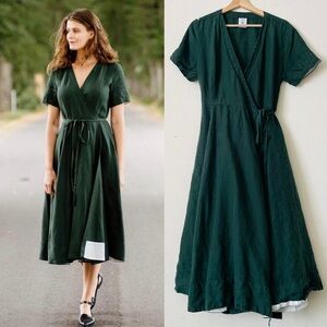 Son de Flor XXL 100% linen emerald green short sleeve wrap midi dress